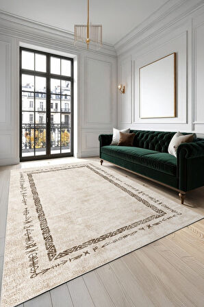 Zeminde Geleneksel İzler  Geometrik Motifli Bej Renkli Kaymaz Taban Halı