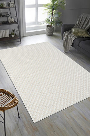 Pamuk Tabanlı Modern Dama Tasarımlı  Sisal Yaprak Krem Renk Halı
