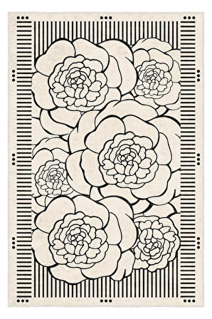 Zeminde Çizgisel Bahar Siyah Beyaz Çiçekli Kaymaz Taban Halı