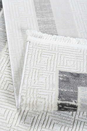 Grid Motifli Geometrik Modern Tasarımlı Pamuk Tabanlı Salon - Oturma Odası  Gri Renk Halı