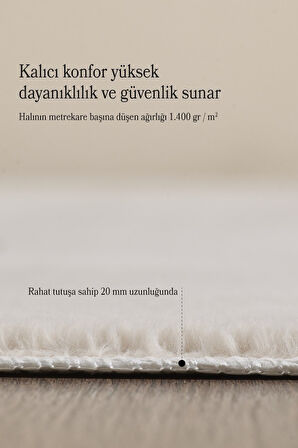 Modern Saçaklı Kaymaz Taban Tavşan Tüyü Kolay Temizlenebilir Yıkanabilir Salon Oturma Odası Yolluk Mutfak Halısı Krem Renk