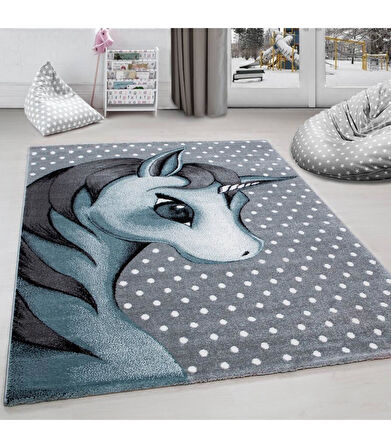 Sevimli Peri Atı Desenli Çocuk halısı Gri Mavi Renklerde
