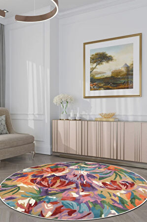 Zeminde Bir Tablo Fırça Dokunuşlu Modern Halı Tasarımı Yuvarlak Kaymaz Taban