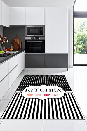 Stil Sahibi Mutfaklara Özel Çizgili ve İllüstrasyonlu Siyah Beyaz Kaymaz Taban Halı