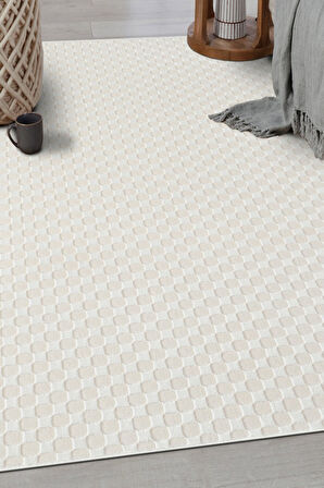 Pamuk Tabanlı Modern Tasarımlı  Sisal Dama Krem Renk Halı