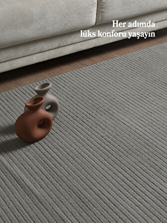 Modern Tasarımlı Salon Mutfak Koridor halısı  Düz Saçaklı Gri Renkli