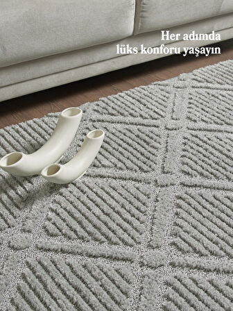 Yumuşak Peluş Tüylü İskandinav desenli Kabarık Bukleli Gri Renkli Halı