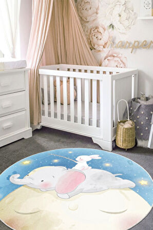 Ay Üstünde Bir Masal Tavşanlı ve Fil Temalı Yuvarlak Kaymaz Taban Halı