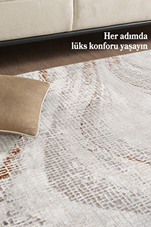 Modern Tasarımlı Pamuk Tabanlı Dalga Desenli Saçaklı Turuncu Renkli Halı