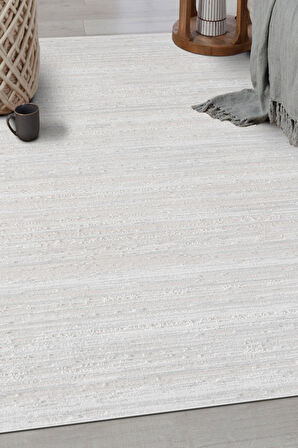 Pamuk Tabanlı Modern Tasarımlı  Sisal Çizgiili Krem Renk Halı