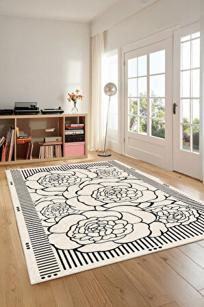 Zeminde Çizgisel Bahar Siyah Beyaz Çiçekli Kaymaz Taban Halı