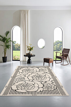 Zeminde Çizgisel Bahar Siyah Beyaz Çiçekli Kaymaz Taban Halı