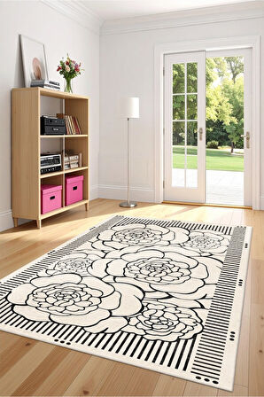 Zeminde Çizgisel Bahar Siyah Beyaz Çiçekli Kaymaz Taban Halı