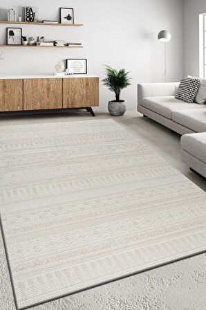 Modern Geometrik Tasarımlı Jüt Dokuma Loop Sisal Bej Halı