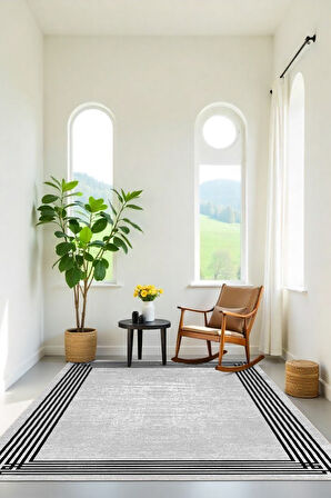 Sadelikte Derinlik Gri ve Siyahın Buluştuğu Halı- Kaymaz Taban