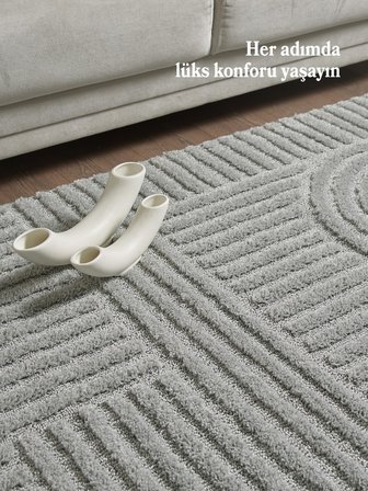 Yumuşak Peluş Tüylü İskandinav desenli Kabarık Bukleli Gri Renkli Halı