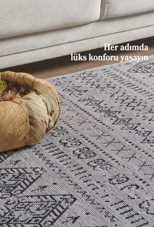 Bohem Tarz Dekoratif Pamuk Taban Şönil Kilim Gri Renk Halı 