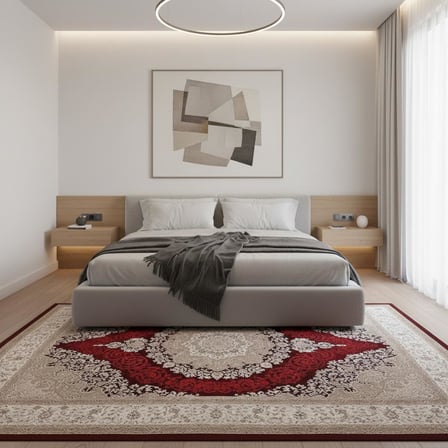 Klasik Madalyonlu Bordo Krem Halı – Antik Desenli, Şık ve Zamansız Tasarım Dijital Baskı Halı 7 mm