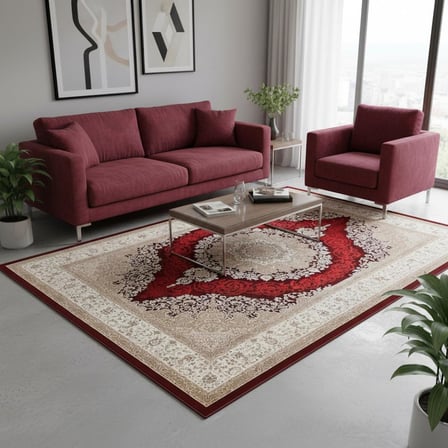 Klasik Madalyonlu Bordo Krem Halı – Antik Desenli, Şık ve Zamansız Tasarım Dijital Baskı Halı 7 mm