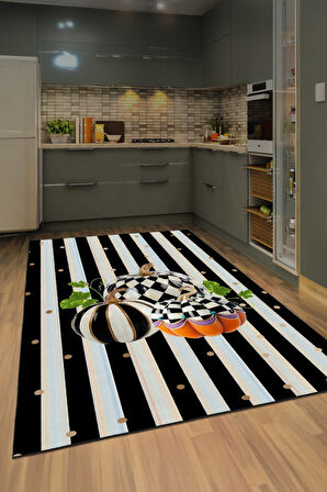 Modern Mutfaklara Masalsı Dokunuş: Balkabağı Desenli Tasarım Siyah Beyaz Halı