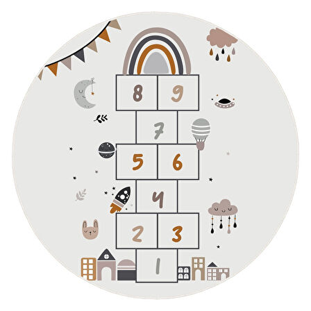 Ayda Oyun Var: Seksek Desenli Eğlenceli Yuvarlak Çocuk Halısı - Kaymaz Taban