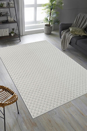 Pamuk Tabanlı Modern Tasarımlı  Sisal Dama Krem Renk Halı