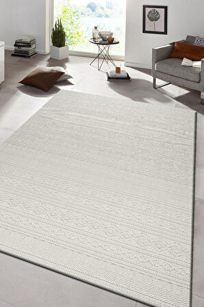 Modern Geometrik Tasarımlı Jüt Dokuma Loop Sisal Krem Renk Halı