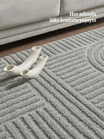 Yumuşak Peluş Tüylü İskandinav desenli Kabarık Bukleli Gri Renkli Halı