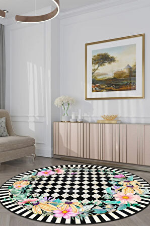 Zeminde Bir Bahçe Doğayla Geometrinin Buluştuğu Nokta Dekoratif Kaymaz Taban Yuvarlak Halı