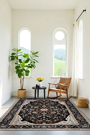 Zeminde Bir Saray Medalyonlu ve Çiçekli Halı Tasarımı - Kaymaz Taban