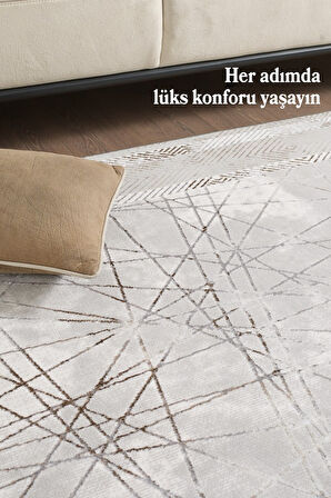Modern Tasarımlı Pamuk Tabanlı Geometrik desenli Saçaklı Bej Renkli Halı