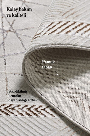 Modern Tasarımlı Pamuk Tabanlı Geometrik desenli Saçaklı Bej Renkli Halı