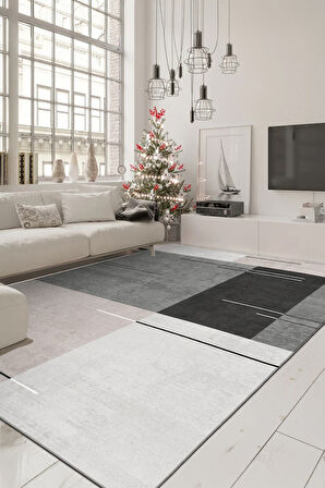 Çizgilerle Düşün, Karelerle Hisset Katmanlı Gri Desenli Kaymaz Taban Halı