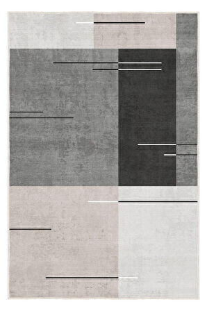 Çizgilerle Düşün, Karelerle Hisset Katmanlı Gri Desenli Kaymaz Taban Halı