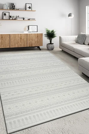 Modern Geometrik Tasarımlı Jüt Dokuma Loop Sisal Gri Renk Halı