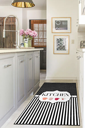 Stil Sahibi Mutfaklara Özel Çizgili ve İllüstrasyonlu Siyah Beyaz Kaymaz Taban Halı