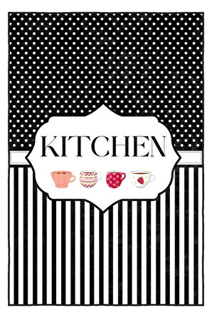 Stil Sahibi Mutfaklara Özel Çizgili ve İllüstrasyonlu Siyah Beyaz Kaymaz Taban Halı