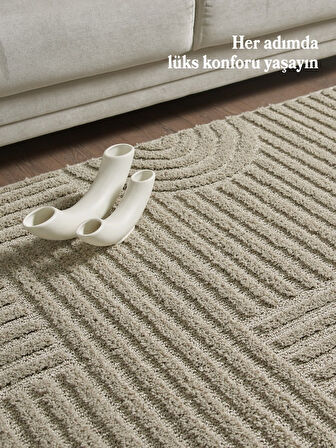 Yumuşak Peluş Tüylü İskandinav desenli Kabarık Bukleli Bej Renkli Halı