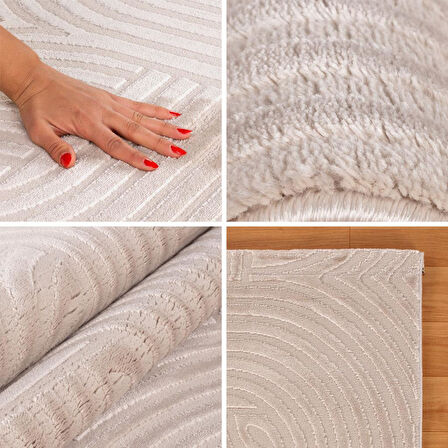 Kabartmalı Yumuşak Karo Desenli İskandinav Bohem Tarzı Halı Bej tonlarında