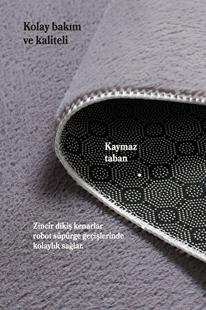 Modern Saçaklı Kaymaz Taban Tavşan Tüyü Kolay Temizlenebilir Yıkanabilir Salon Oturma Odası Yolluk Mutfak Halısı Açık Gri Renk