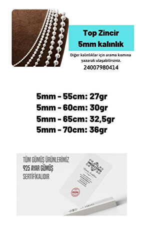Erkek Gümüş Kolye - 5mm Top Zincir Model 925 Ayar Gümüş Erkek Kolye Zincir 24007980414