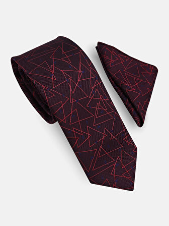 Geometrik Bordo Kravat & Mendil