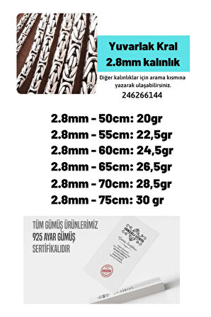 2.8mm Yuvarlak Kral Model 925 Ayar Erkek Gümüş Kolye Zincir 246266144