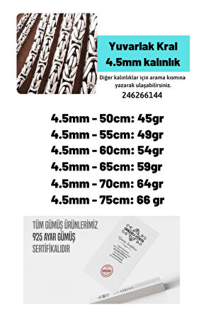 4.5mm Yuvarlak Kral Model 925 Ayar Erkek Gümüş Kolye Zincir 246266144