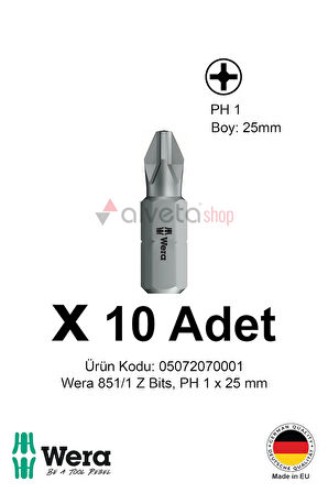 Alveta Wera 851/1 Z PH1 x 25mm Tornavida Ucu 10 Adet | Yıldız Vidalama Bits Seti Profesyonel Seri