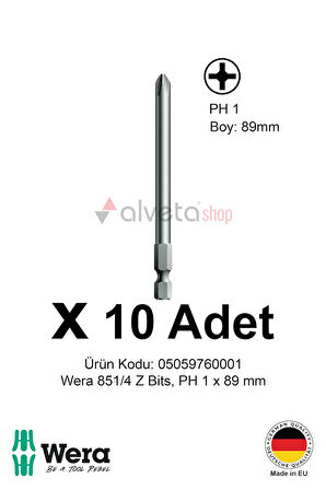 Alveta Wera 851/4 Z PH1 x 89mm Tornavida Ucu 10 Adet | Yıldız Vidalama Bits Seti Uzun Seri
