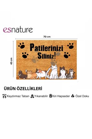 Esnature Kedi Desenli Patilerinizi Silin Yazılı Kapı Önü Paspası 45x70 Cm