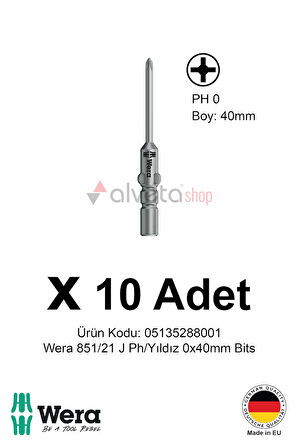 Alveta Wera 851/21 J PH0 x 40mm Tornavida Ucu 10 Adet | Yıldız Vidalama Bits Seti Hassas Seri