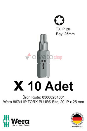 Alveta Wera 867/1 IP TORX PLUS 20IP x 25mm Tornavida Ucu 10 Adet | Vidalama Bits Seti Profesyonel Seri