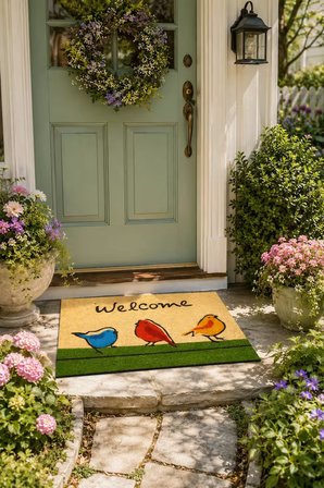 Esnature Chirp Birds Renkli Cıvıldıyan Kuşlar Kahverengi Welcome Kapı Önü Paspası 45x70 Cm